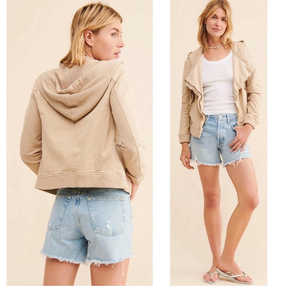 Free People We the Free Carmen Moto Calm Sand Zipper Jacket Hood Cotton-XL
